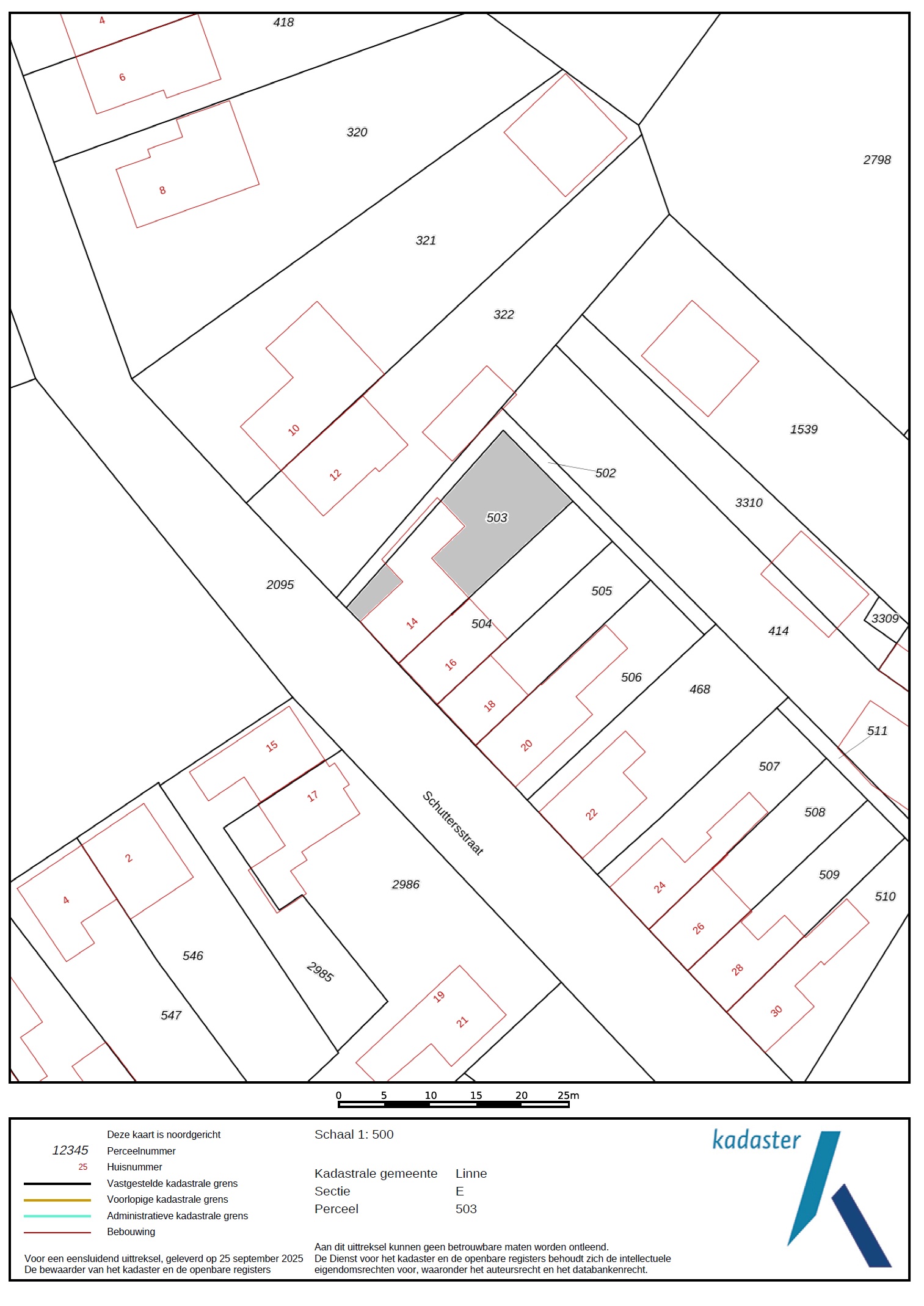 Kadastrale kaart Schuttersstraat 14 Linne